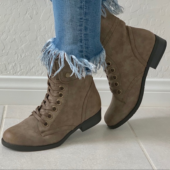 Taupe Fold Over Cuffed Lace Up Combat Boots - Picture 2 of 8